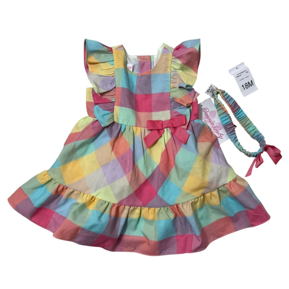 Bonnie Baby Colorful Plaid Baby Dress with Headband and Bloomers SZ 18M NWT